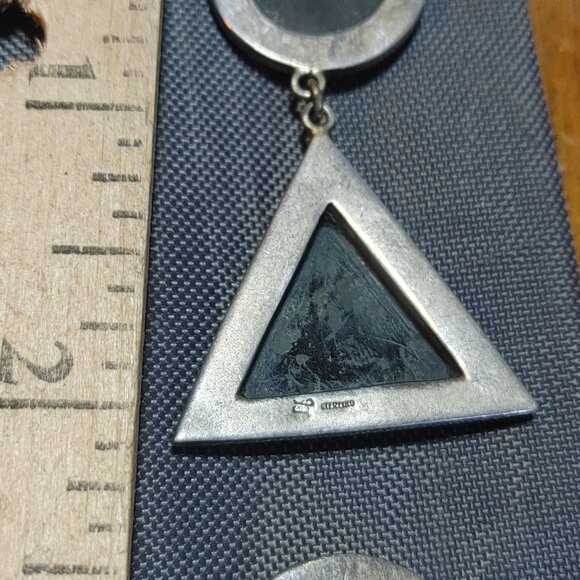 Vintage Sterling Silver Black Onyx Triangle Drop Earrings Round Studs Marcasite - Picture 11 of 12